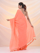 Load image into Gallery viewer, Orange Cotton Handwoven Soft Saree With Pompom

