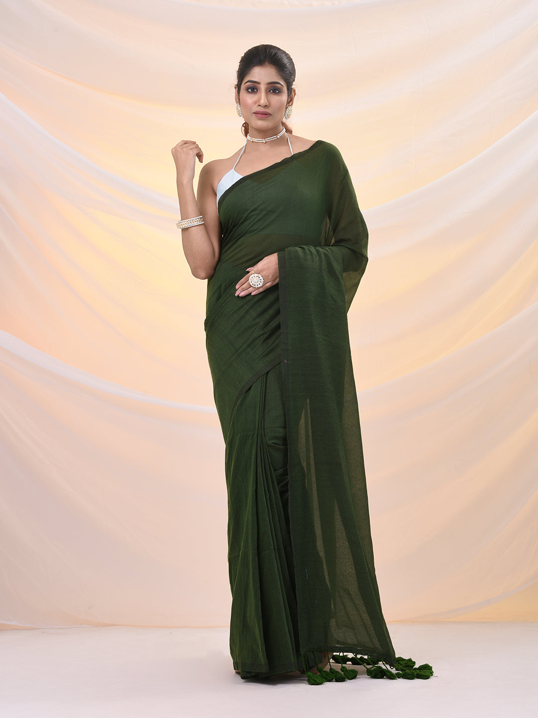 Moss Green Cotton Handwoven Soft Saree With Pompom