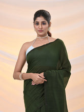 Load image into Gallery viewer, Moss Green Cotton Handwoven Soft Saree With Pompom
