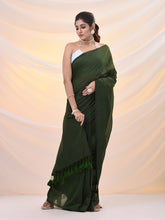 Load image into Gallery viewer, Moss Green Cotton Handwoven Soft Saree With Pompom
