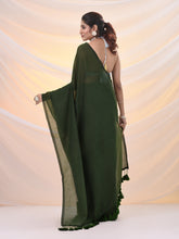 Load image into Gallery viewer, Moss Green Cotton Handwoven Soft Saree With Pompom
