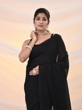 Load image into Gallery viewer, Black Cotton Handwoven Soft Saree With Pompom
