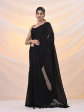 Load image into Gallery viewer, Black Cotton Handwoven Soft Saree With Pompom
