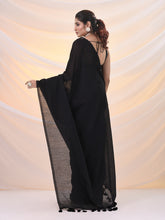 Load image into Gallery viewer, Black Cotton Handwoven Soft Saree With Pompom
