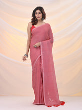 Load image into Gallery viewer, Salmon Red Cotton Handwoven Soft Saree With Pompom
