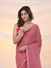 Load image into Gallery viewer, Salmon Red Cotton Handwoven Soft Saree With Pompom
