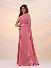 Load image into Gallery viewer, Salmon Red Cotton Handwoven Soft Saree With Pompom
