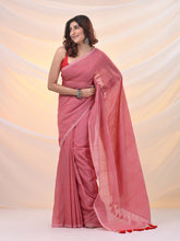 Load image into Gallery viewer, Salmon Red Cotton Handwoven Soft Saree With Pompom
