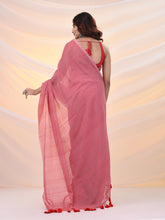Load image into Gallery viewer, Salmon Red Cotton Handwoven Soft Saree With Pompom
