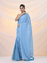 Load image into Gallery viewer, Sky Blue Cotton Handwoven Soft Saree With Pompom

