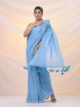 Load image into Gallery viewer, Sky Blue Cotton Handwoven Soft Saree With Pompom
