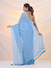 Load image into Gallery viewer, Sky Blue Cotton Handwoven Soft Saree With Pompom
