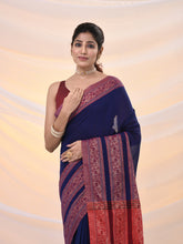 Load image into Gallery viewer, Blue Cotton Handspun Soft Saree With Woven Paisley Borders
