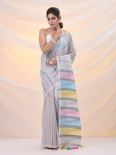 Load image into Gallery viewer, Off White Cotton Handspun Soft Saree With Stripe Pattern
