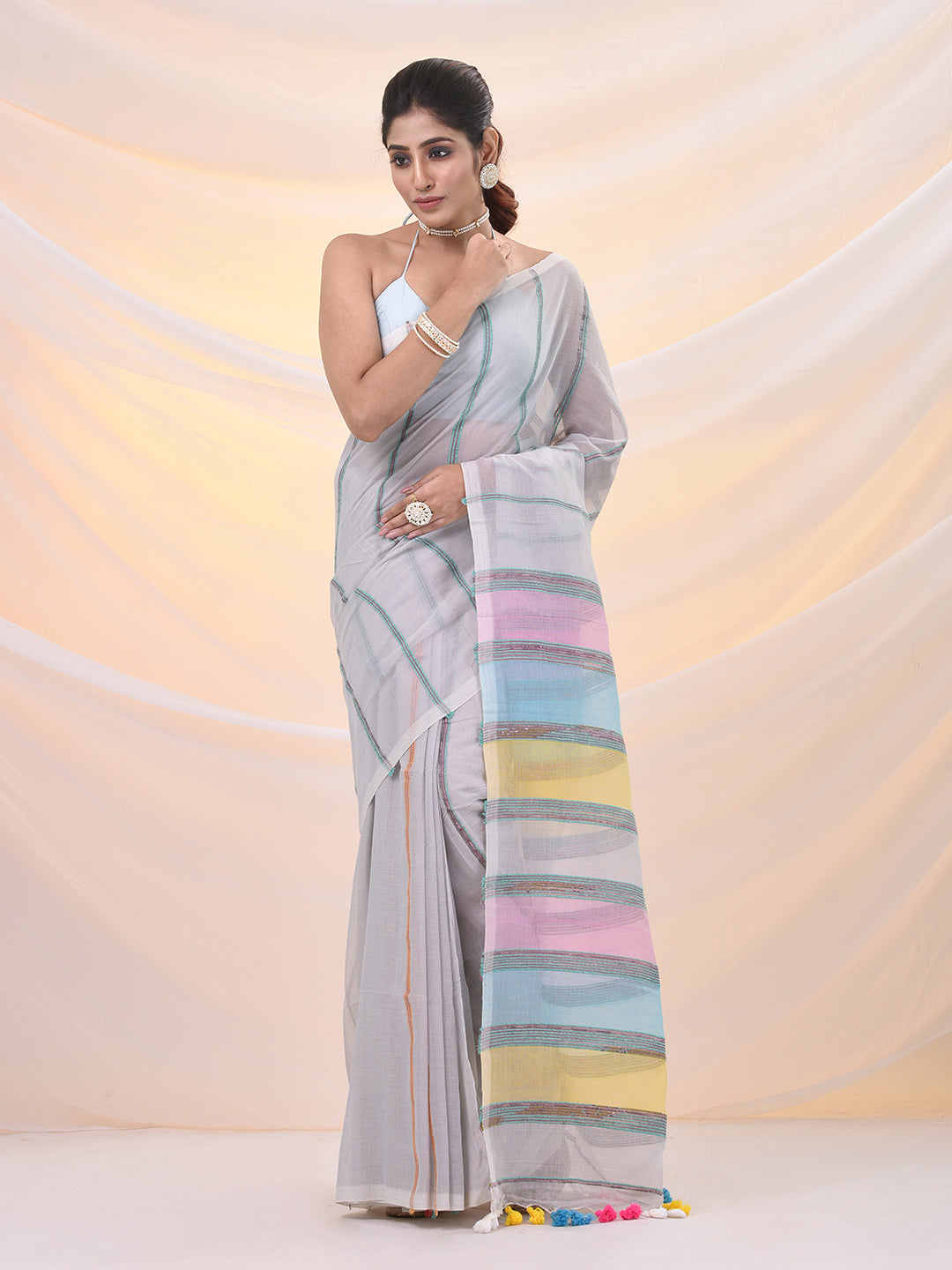 Off White Cotton Handspun Soft Saree With Stripe Pattern