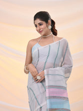Load image into Gallery viewer, Off White Cotton Handspun Soft Saree With Stripe Pattern
