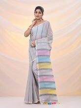 Load image into Gallery viewer, Off White Cotton Handspun Soft Saree With Stripe Pattern

