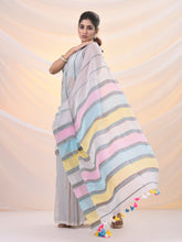 Load image into Gallery viewer, Off White Cotton Handspun Soft Saree With Stripe Pattern
