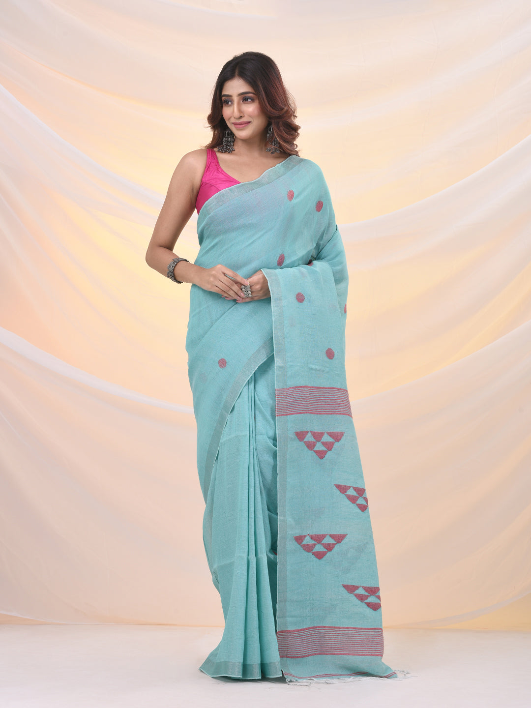 Sea Green Cotton Soft Saree With Geomatric Designs