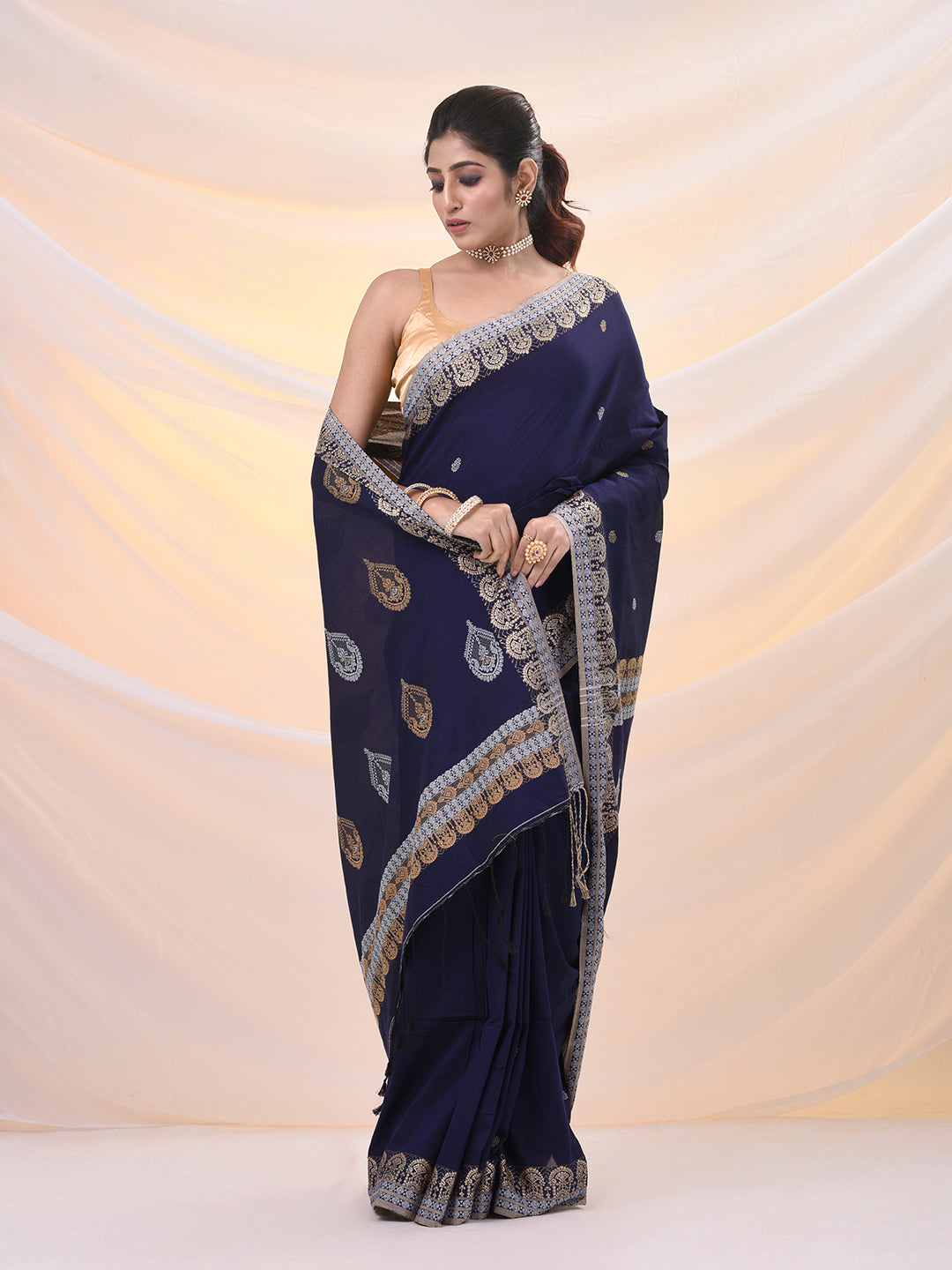 Navy Blue Cotton Soft Saree With Woven Designs
