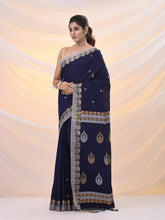 Load image into Gallery viewer, Navy Blue Cotton Soft Saree With Woven Designs
