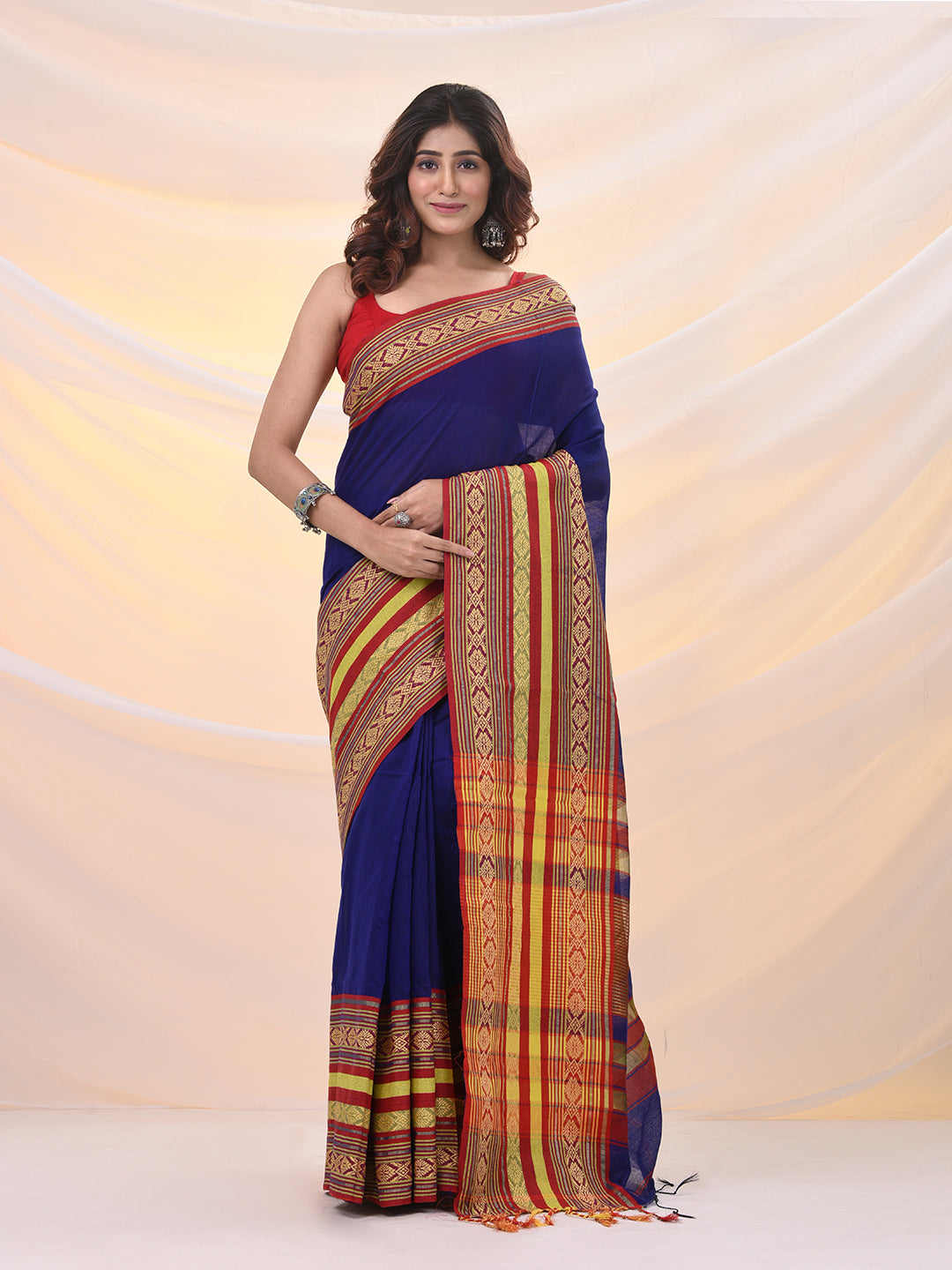 Blue Cotton Silk Soft Saree With Nakshi Borders