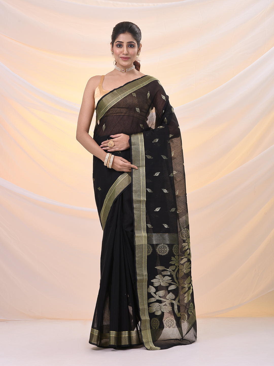 Black Silk Cotton Jamdani Saree With Woven Designs