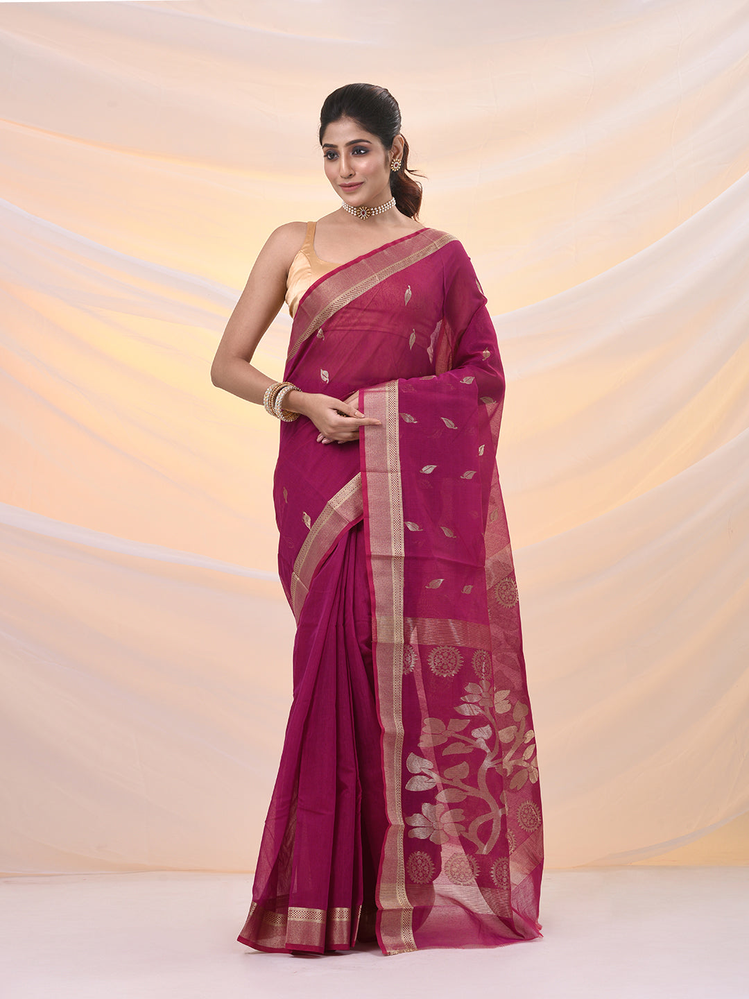 Pink Silk Cotton Jamdani Saree With Woven Designs