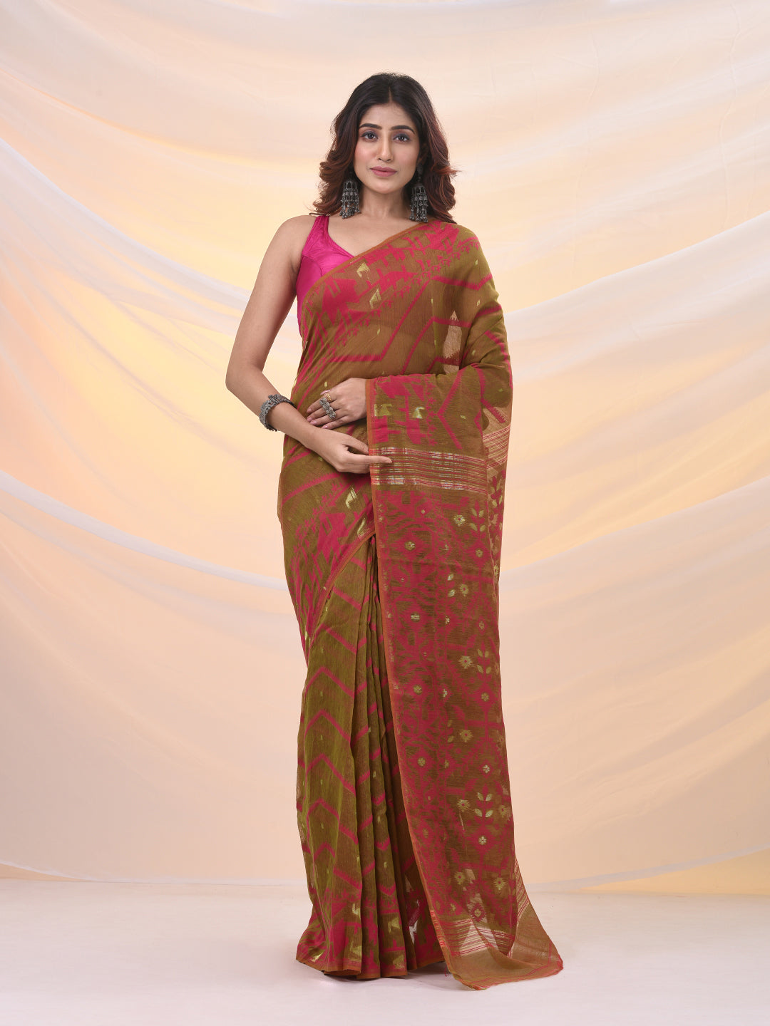 Sap Green Silk Cotton Jamdani Saree With Woven Designs
