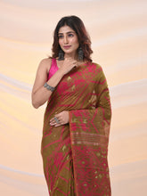 Load image into Gallery viewer, Sap Green Silk Cotton Jamdani Saree With Woven Designs

