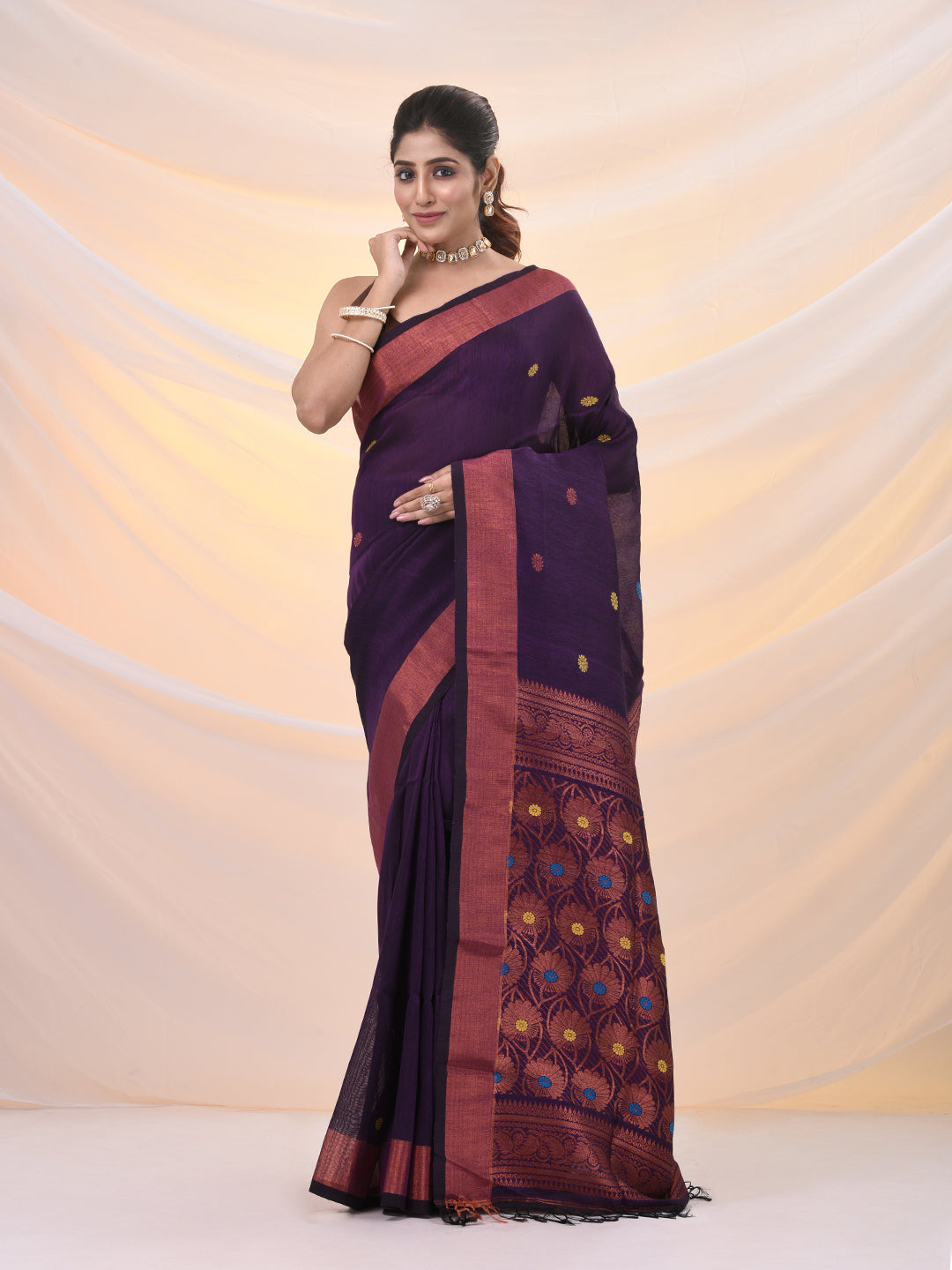 Purple Linen Handwoven Saree With Zari Borders