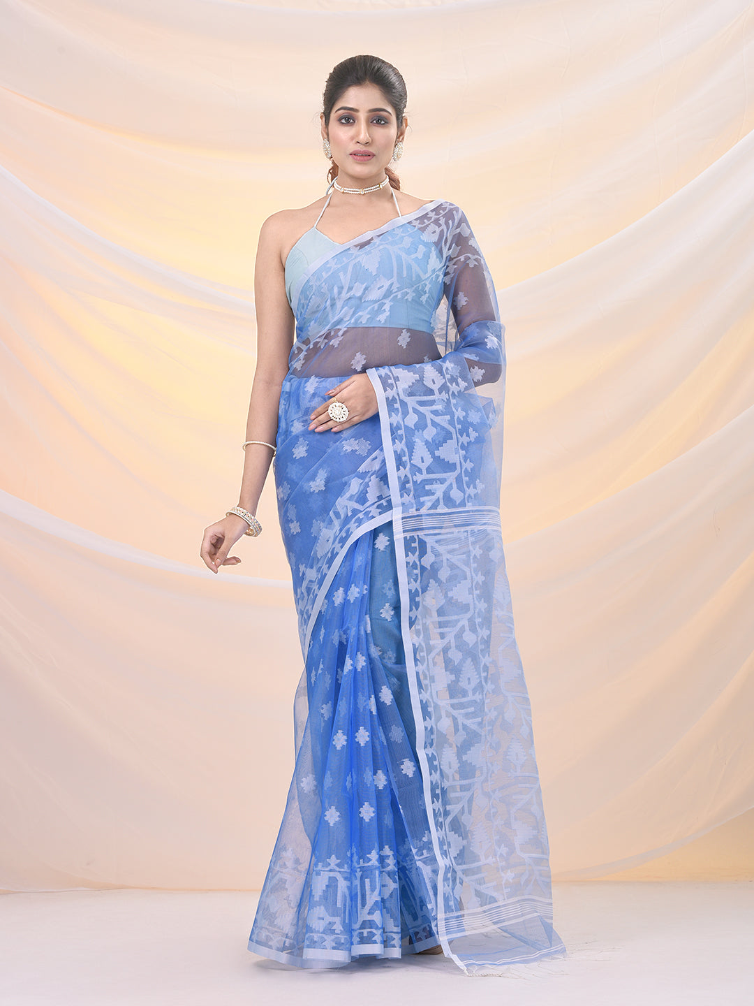 Blue Muslin Soft Saree With Jamdani Designs