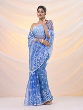 Load image into Gallery viewer, Blue Muslin Soft Saree With Jamdani Designs
