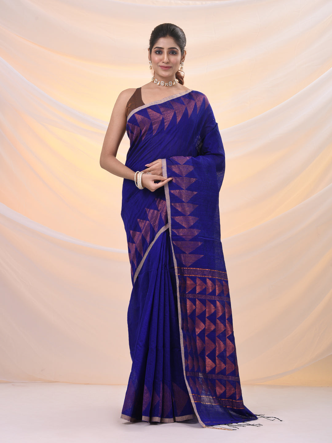 Blue Matka Soft Saree With Geometric Borders