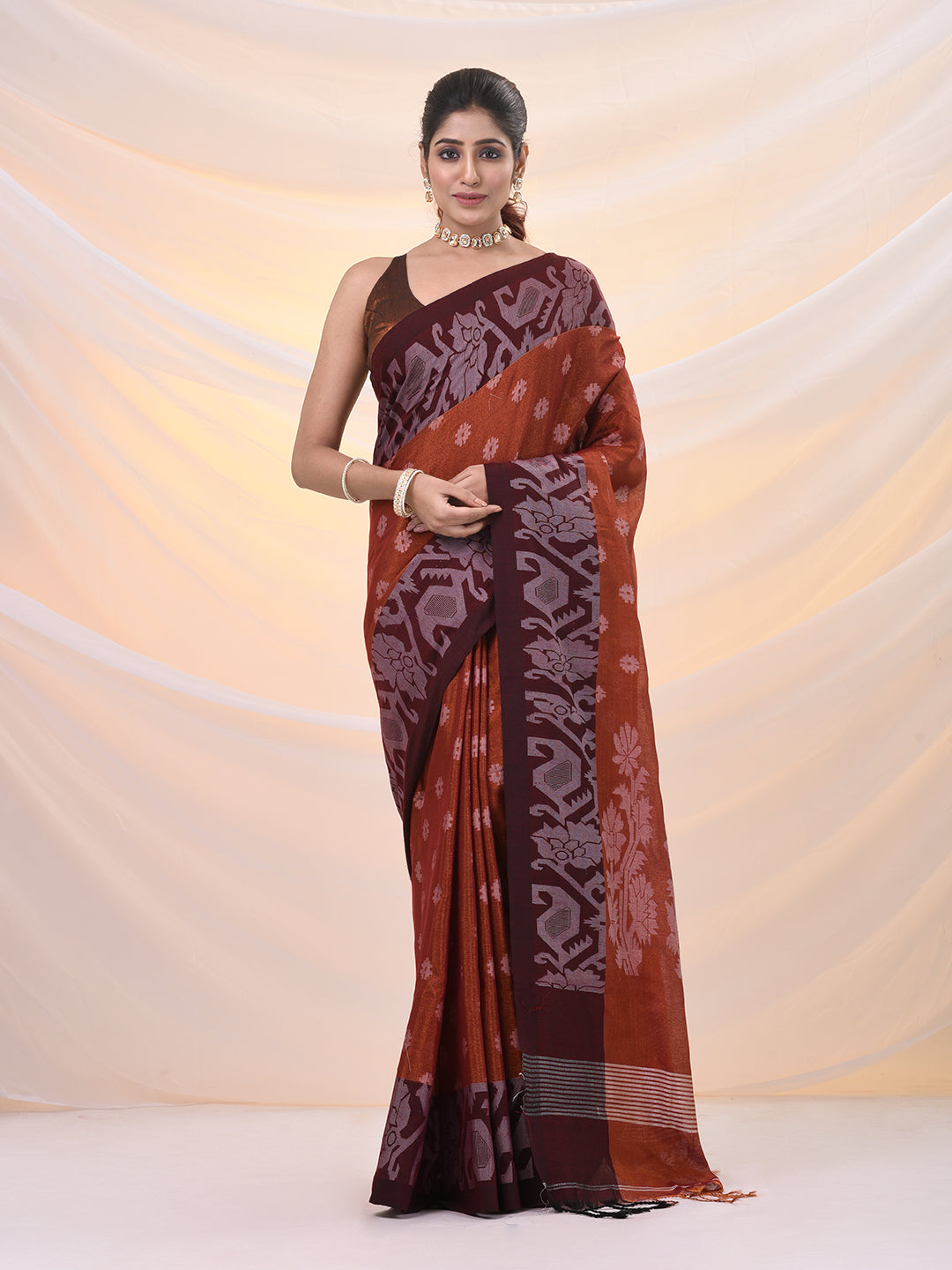OrangeTissue Handwoven Saree With Jamdani Borders