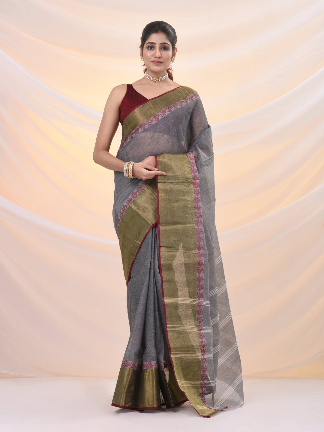Grey Pure Cotton Tant Saree With Woven Designs