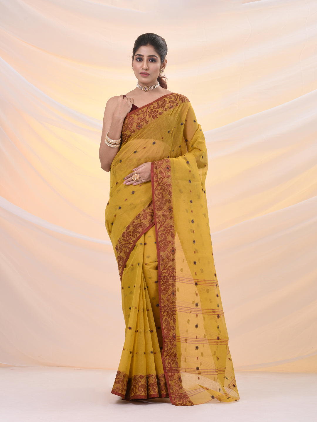 Mustard Pure Cotton Tant Saree With Woven Designs