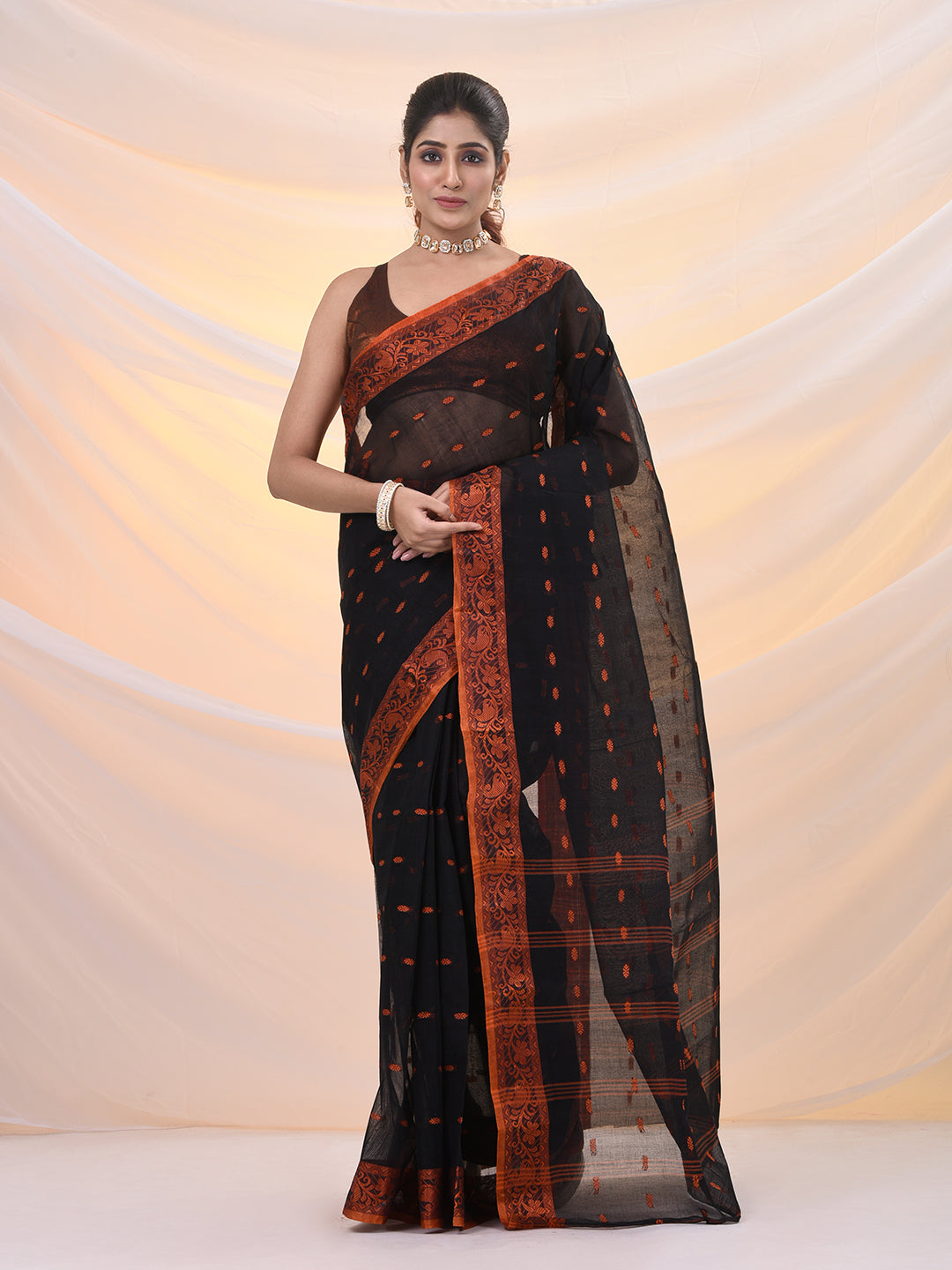 Black Pure Cotton Tant Saree With Woven Designs