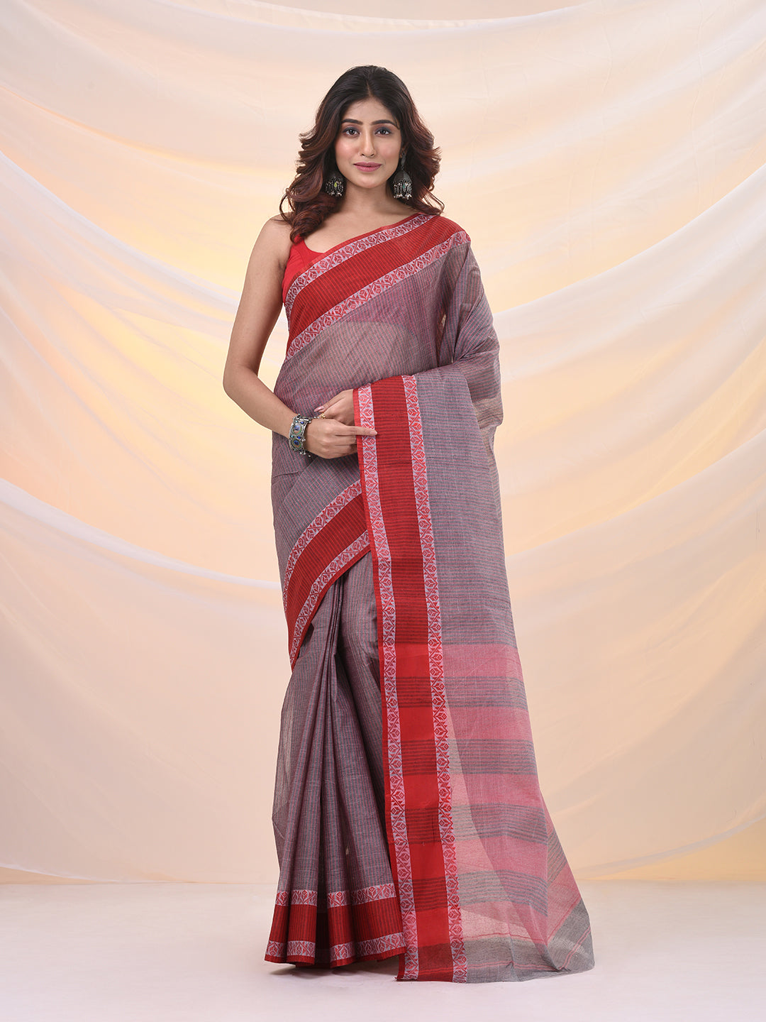 Grey Pure Cotton Tant Saree With Woven Designs
