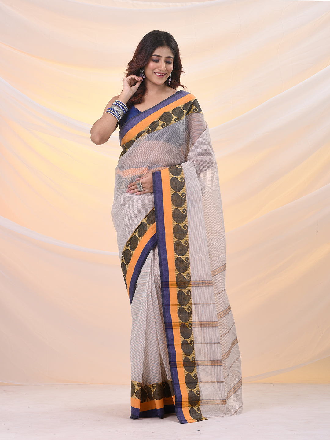White Pure Cotton Tant Saree With Woven Designs
