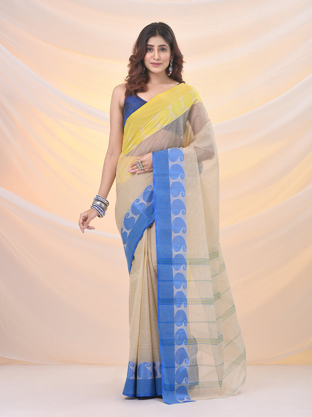 Cream Pure Cotton Tant Saree With Woven Designs