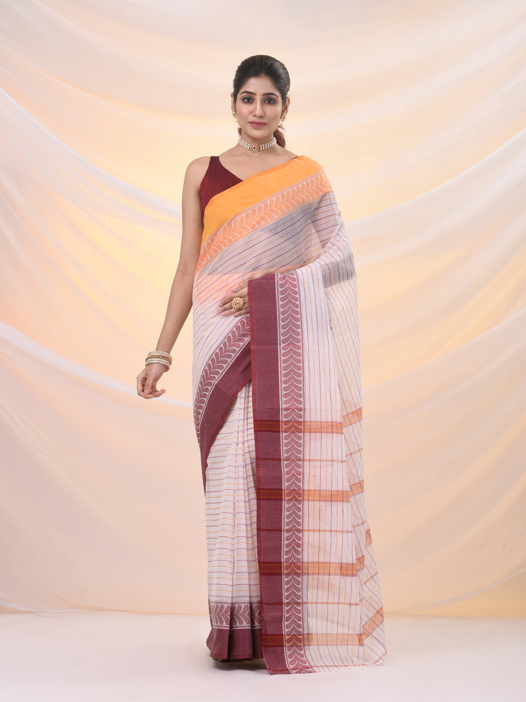 White Pure Cotton Tant Saree With Woven Designs