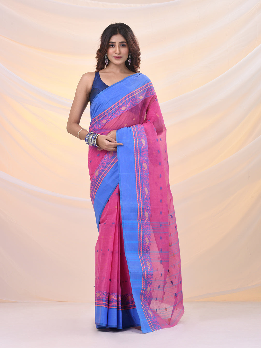 Bubbegum Pink Pure Cotton Tant Saree With Woven Designs