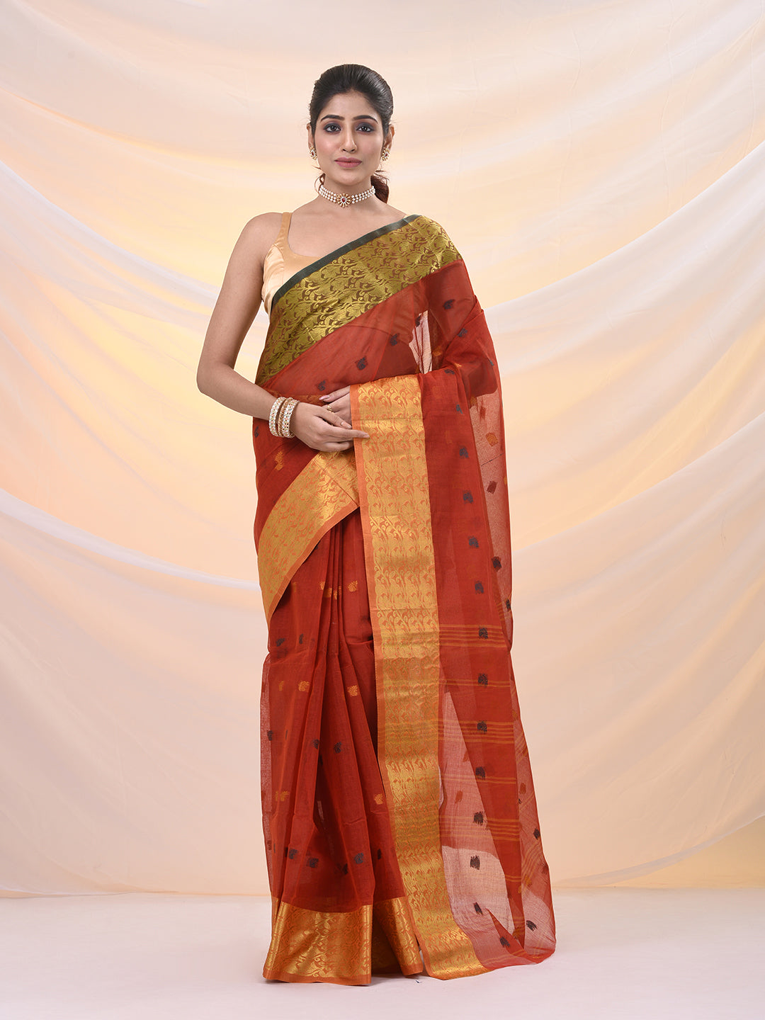 Brick Red Pure Cotton Tant Saree With Zari Border