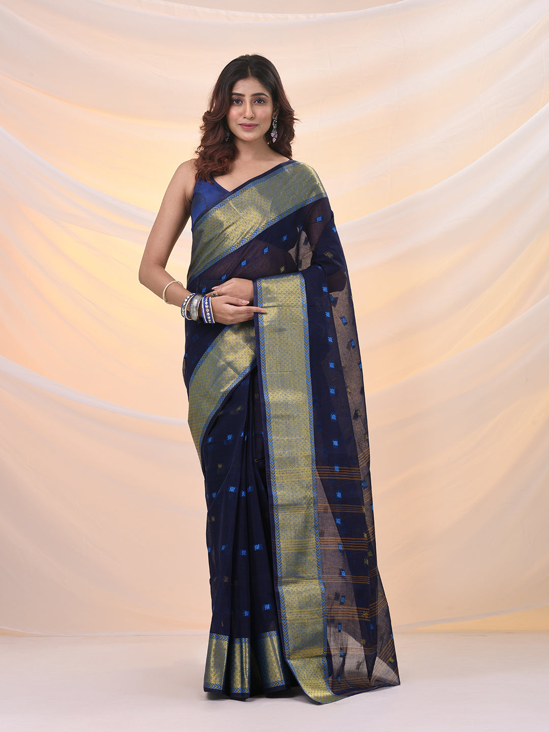 Midnight Blue Pure Cotton Tant Saree With Zari Border