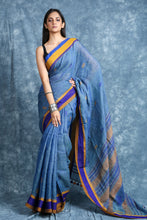 Load image into Gallery viewer, Shapphire Blue Linen Handwoven Soft Saree With Multicolor Pallu
