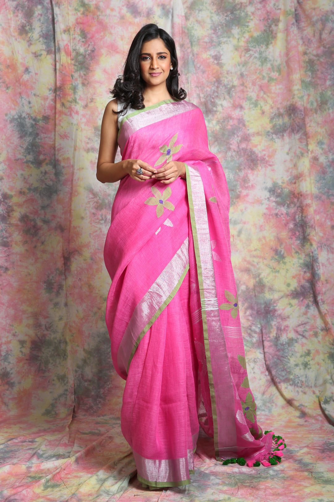 Pink Pure Linen Saree With Flower Motif In Body And Silver Border