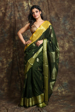Load image into Gallery viewer, Pine Green Pure Cotton Handloom Saree With Dual Border
