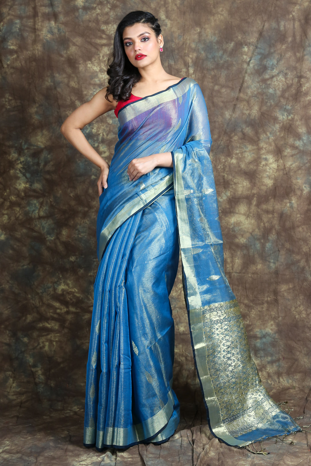 Light Blue Tissue Handwoven Soft Saree With Allover Zari Butta