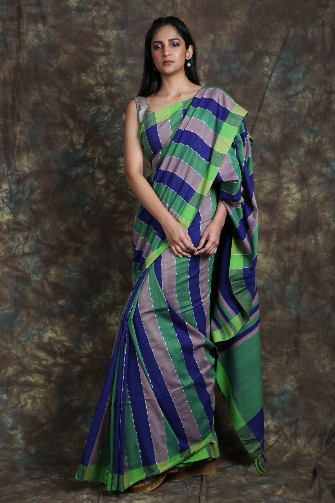 Multicolour Cotton Handwoven Soft Saree With Allver Stripes